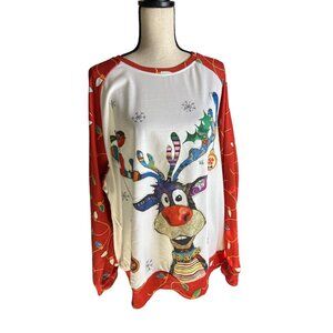 Christmas Reindeer Pullover Cute Long Sleeve Front Back Graphic Lights Size 3XL